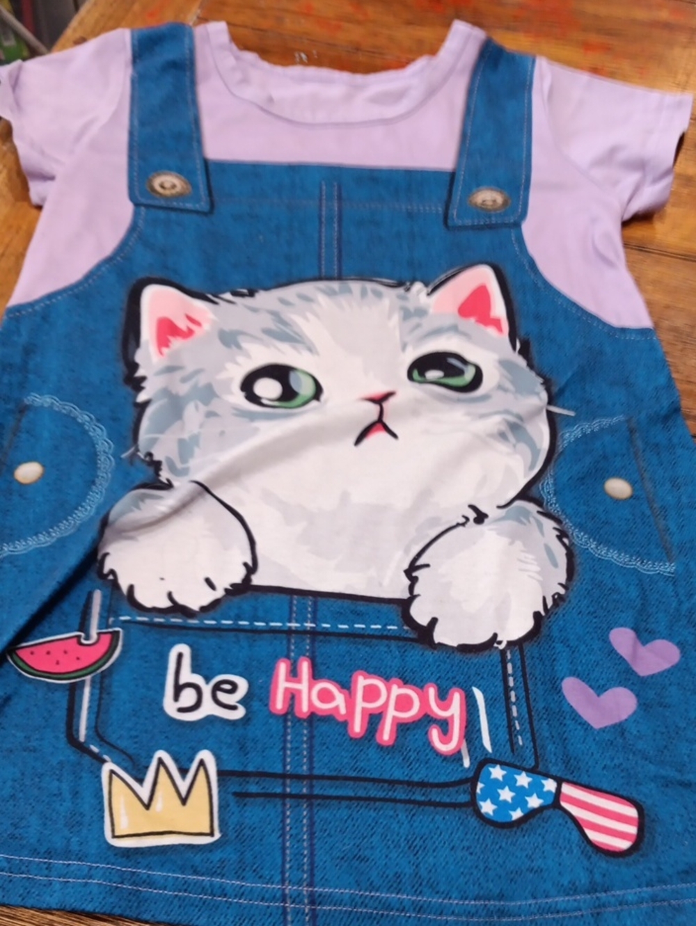 Cute Cat 'Be Happy' Blue & Lavender Toddler Dress